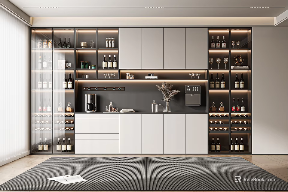 Modern Wine Cabinet with Glass Doors and Wine Bottles Storage Lighting 3d model 