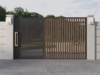 Modern Metal Gate With Vertical Slat Design Stone Pillars Wall Lamps And Green Landscape 3d model