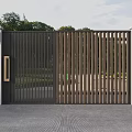 Modern Metal Gate With Vertical Slat Design Stone Pillars Wall Lamps And Green Landscape