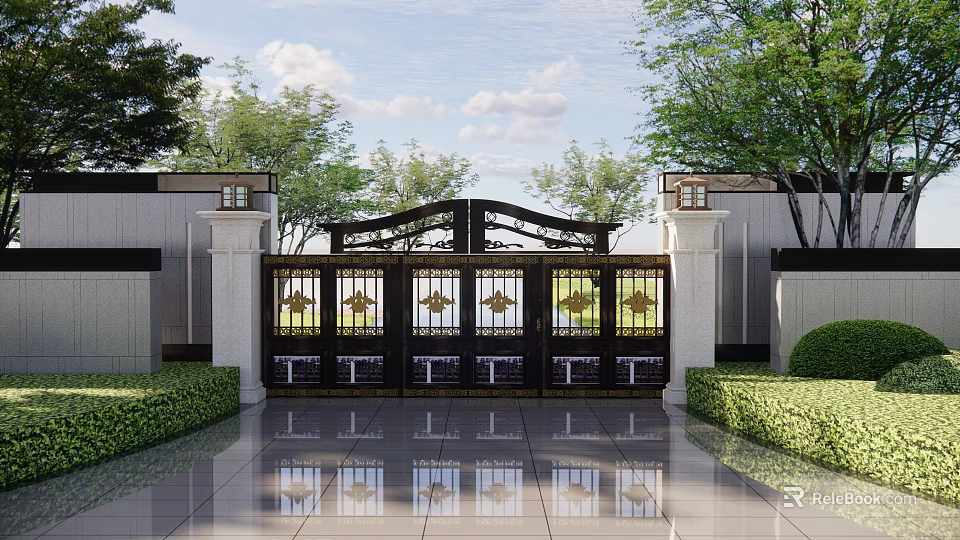 Classical Building Exterior With Ornate Metal Gate White Stone Pillars And Landscaped Greenery 3d model 