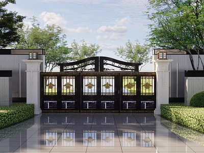Classical Building Exterior With Ornate Metal Gate White Stone Pillars And Landscaped Greenery 3d model