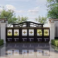 Classical Building Exterior With Ornate Metal Gate White Stone Pillars And Landscaped Greenery