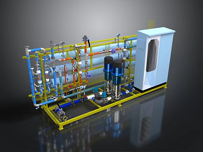 Industrial Equipment System With Pipes Valves Pumps And Control Cabinet Frame 3d model