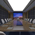 Modern Conference Room Interior Design with Rows of Chairs Tables Ceiling Lights and Background Screen