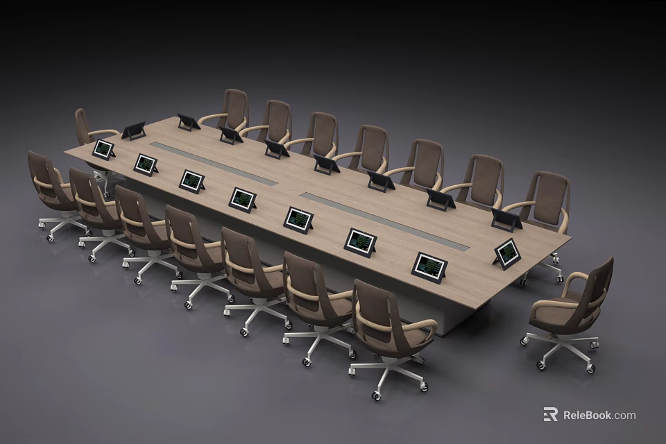 Long Modern Conference Table With Multiple Laptops Surrounded By Wheeled Office Chairs 3d model 