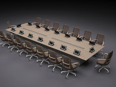 Long Modern Conference Table With Multiple Laptops Surrounded By Wheeled Office Chairs 3d model