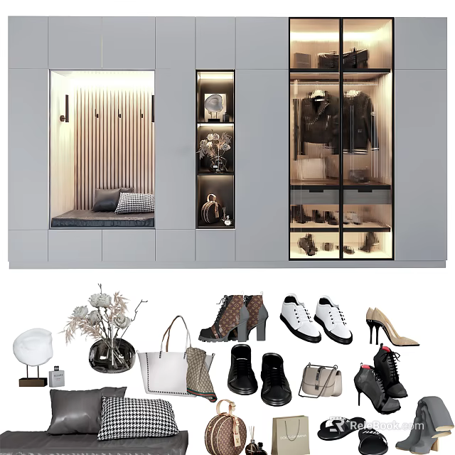 Modern Shoe Cabinet With Glass Doors And Interior Lighting For Various Shoes 3d model 