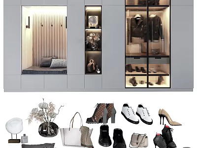 Modern Shoe Cabinet With Glass Doors And Interior Lighting For Various Shoes 3d model
