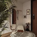 Stylish Entryway Hallway Interior Featuring Large Mirror Coat Hooks Palm Plant And Decorative Paintings