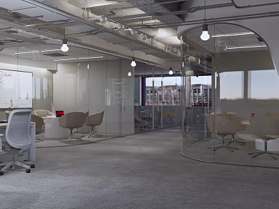 Modern Public Office Space Interior Design With Open Layout Glass Partitions Pendant Lights And Whiteboard 3d model