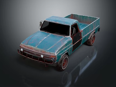 Old Blue Worn Pickup Truck With Cab Cargo Bed And Red Wheels 3d model