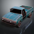 Old Blue Worn Pickup Truck With Cab Cargo Bed And Red Wheels