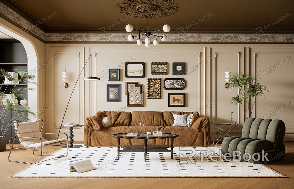 French Living Room Cream Living Room Fabric Multi-person Sofa Single Sofa Coffee Table Ornaments Combination Hanging Painting Plants model