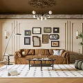 Elegant Living Room Interior With Brown Sofa Green Armchair Gallery Wall Chandelier And Geometric Rug