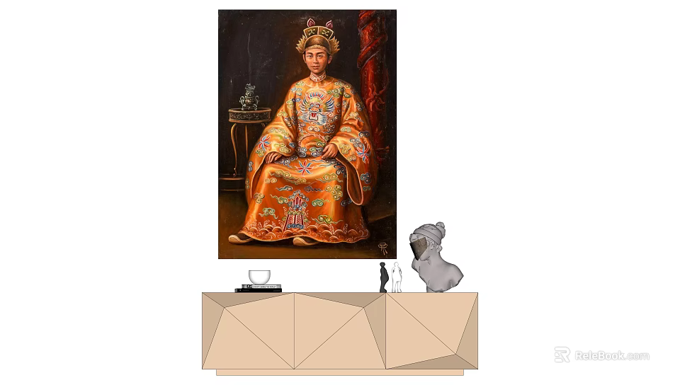 Traditional Chinese Portrait Painting With Ornate Orange Robe And Red Background On Modern Cabinet 3d model 