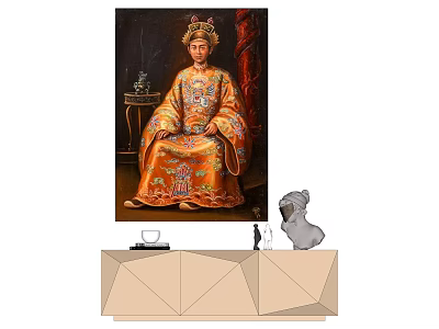 Traditional Chinese Portrait Painting With Ornate Orange Robe And Red Background On Modern Cabinet 3d model