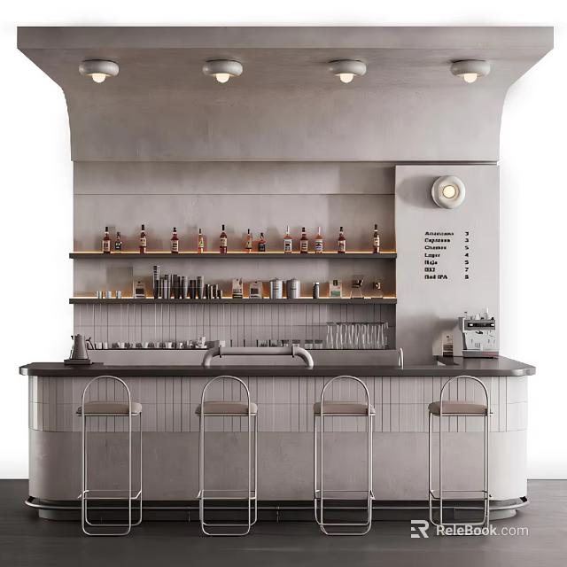 Modern Bar Counter With Shelves Wine Bottles Coffee Machine Wall Clock And Bar Stools 3d model 