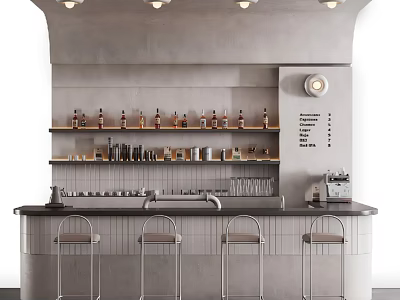 Modern Bar Counter With Shelves Wine Bottles Coffee Machine Wall Clock And Bar Stools 3d model