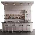 Modern Bar Counter With Shelves Wine Bottles Coffee Machine Wall Clock And Bar Stools