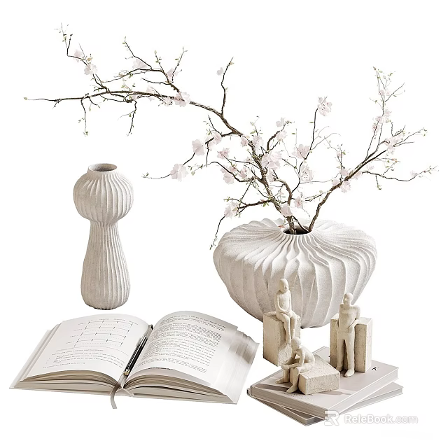 Elegant Decorative Ornament Set With White Vase Pink Flower Branches Open Book And Small Figurines 3d model 