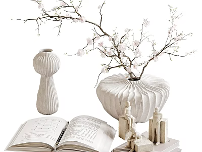 Elegant Decorative Ornament Set With White Vase Pink Flower Branches Open Book And Small Figurines 3d model