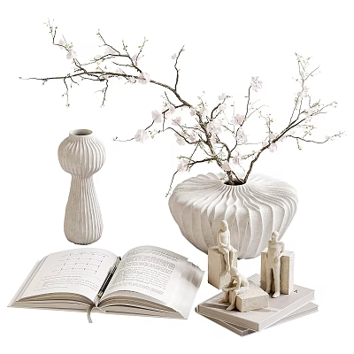 Elegant Decorative Ornament Set With White Vase Pink Flower Branches Open Book And Small Figurines 3d model