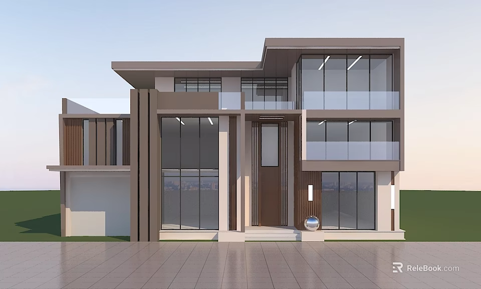 Modern Detached Villa Exterior Design With Large Glass Windows And Balcony 3d model 
