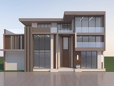 Modern Detached Villa Exterior Design With Large Glass Windows And Balcony 3d model