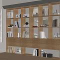 Modern Wooden Bookcase With Open Shelves Drawers Books And Decorative Items By Window