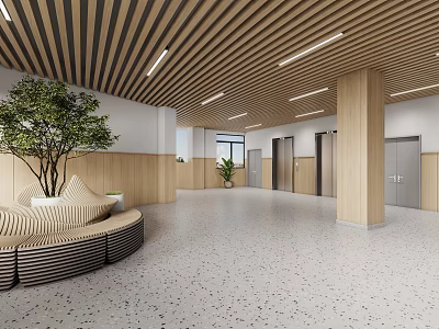 Modern Elevator Lobby Interior With Wooden Ceiling Green Plants Curved Seating And Terrazzo Floor 3d model