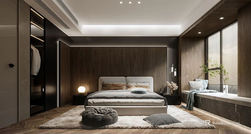Modern Bedroom With Wooden Walls Upholstered Headboard Striped Bedding Round Table Lamp And White Rug 3d model 