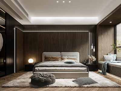 Modern Bedroom With Wooden Walls Upholstered Headboard Striped Bedding Round Table Lamp And White Rug 3d model
