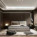 Modern Bedroom With Wooden Walls Upholstered Headboard Striped Bedding Round Table Lamp And White Rug