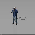 Welder Character In Blue Jacket Blue Jeans White Cap Holding Welding Helmet And Black Hose