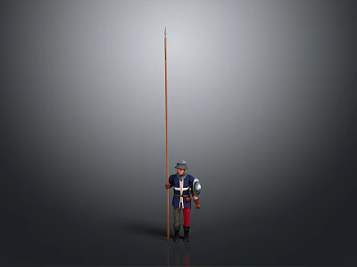 Man in Medieval Soldier Uniform Holding Long Spear Against Gray Background 3d model Man in Medieval Soldier Uniform Holding Long Spear Against Gray Background 3d model