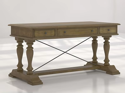 Classic Wooden Desk with Three Drawers Carved Legs and Cross Support 3d model