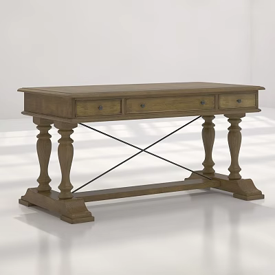 Classic Wooden Desk with Three Drawers Carved Legs and Cross Support 3d model