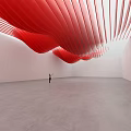 Spacious White Room With Red Wavy Ceiling Structure And Person Standing On Gray Floor 3d model
