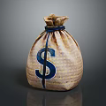 Brown Fabric Money Bag Featuring Blue String And Dollar Sign Design 3d model