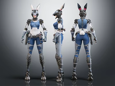 Anthropomorphic Creature Character 3D Model With Mechanical Armor In Three Angles 3d model
