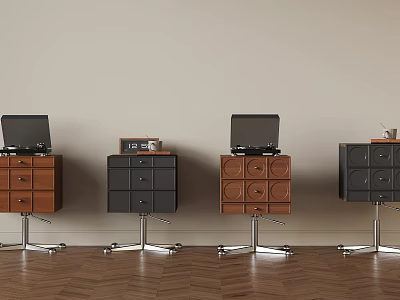 Wooden Storage Cabinets With Drawers Laptop Radio And Metal Wheels On Wooden Floor 3d model