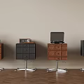 Wooden Storage Cabinets With Drawers Laptop Radio And Metal Wheels On Wooden Floor