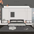 Modern Minimalist Bedroom Interior With Bed Geometric Rug Window Blinds And Decorative Painting