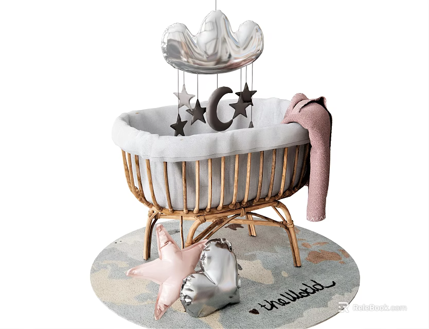 Baby Crib With Gold Frame White Lining Crown Mobile Star Moon Decor And Pink Blanket 3d model 