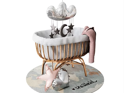 Baby Crib With Gold Frame White Lining Crown Mobile Star Moon Decor And Pink Blanket 3d model