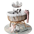Baby Crib With Gold Frame White Lining Crown Mobile Star Moon Decor And Pink Blanket