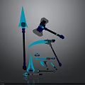 Futuristic Sci Fi Weapon Set With Glowing Blue Spear Hammer Sickle And Dagger