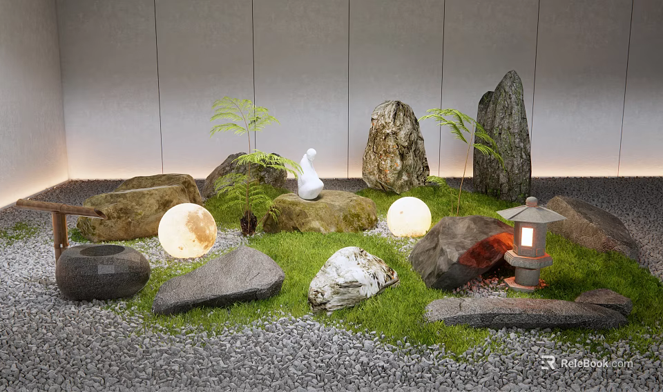 Tranquil Garden Ornaments Scene With Swan Ornament Round Lights Ferns Rocks Lantern And Gravel Ground 3d model 