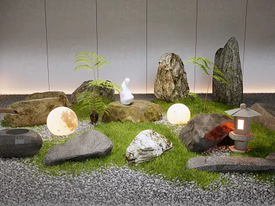 Tranquil Garden Ornaments Scene With Swan Ornament Round Lights Ferns Rocks Lantern And Gravel Ground 3d model