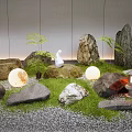 Tranquil Garden Ornaments Scene With Swan Ornament Round Lights Ferns Rocks Lantern And Gravel Ground